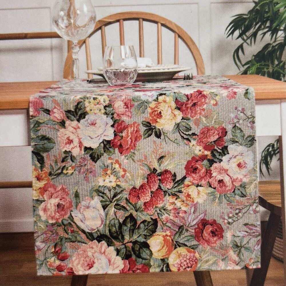EMME Jacquard Gobelin Tapestry Table Runner 18x63 in Floral Cottage Colorful New